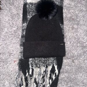 Steve Madden Black Pom Beanie with Black & White Fringe Scarf